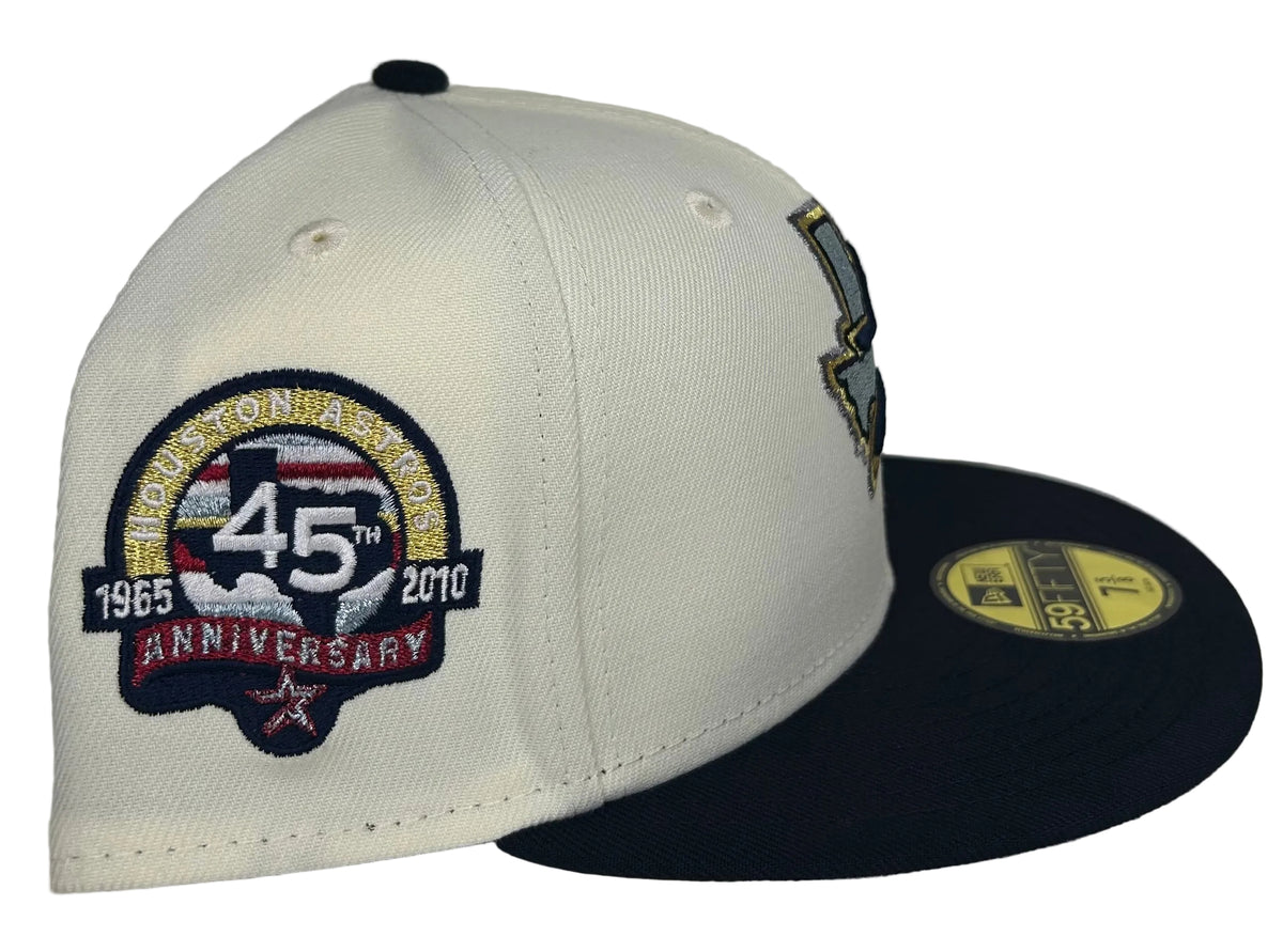 New Era Houston Astros 45th Anniversary Navy two-tone 59FIFTY fitted hat with a metallic Texas-shaped logo.