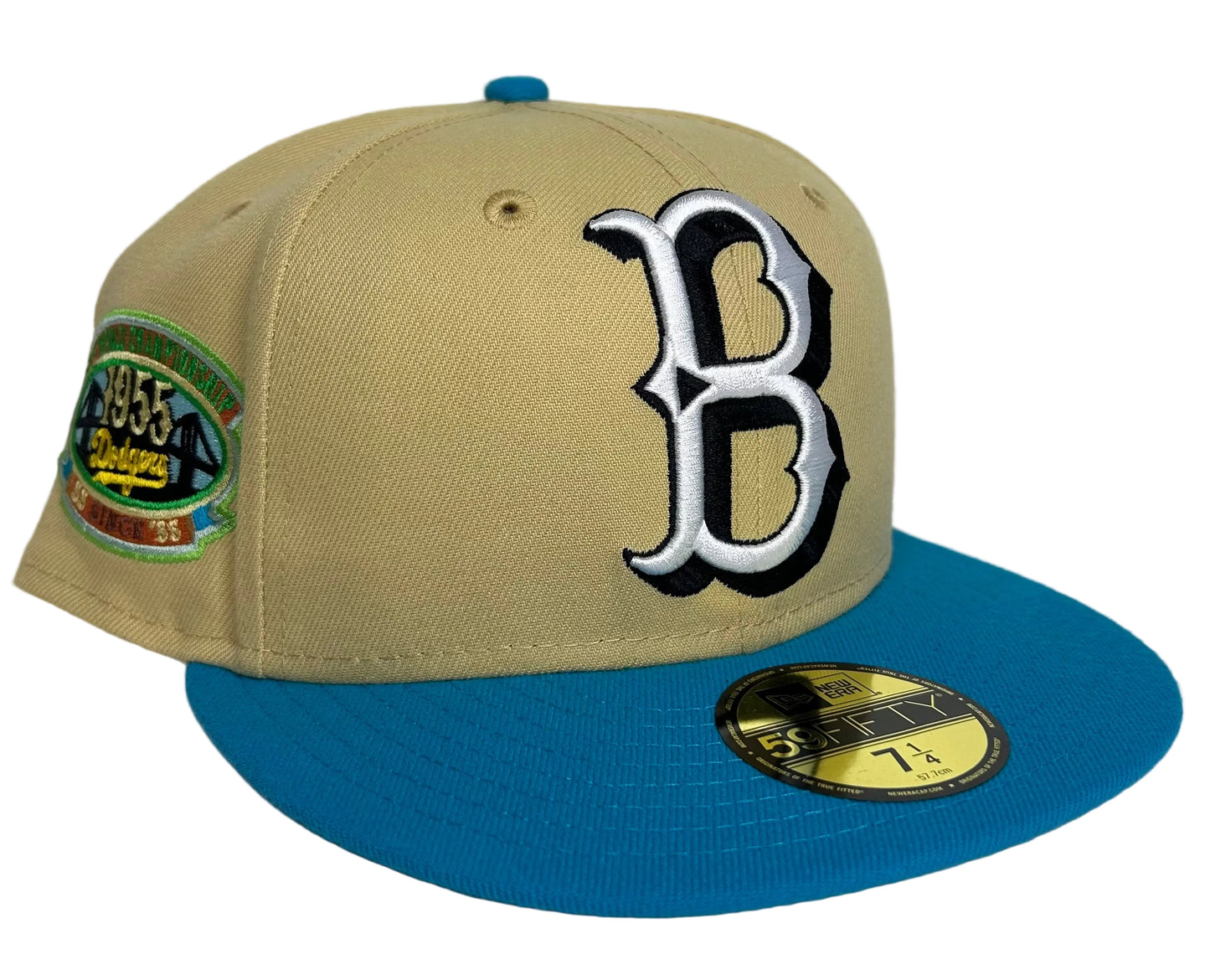 New Era Brooklyn Dodgers 59FIFTY fitted hat, featuring a Vegas Gold crown, Royal Blue visor, and a special Jackie Robinson anniversary side patch.