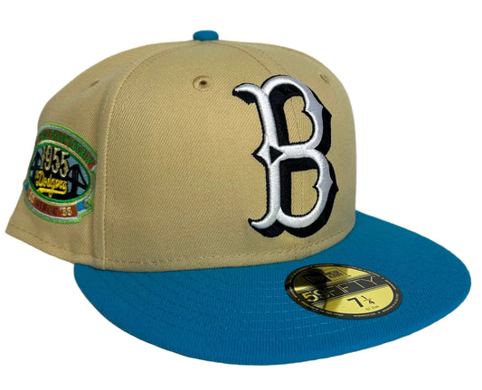New Era Brooklyn Dodgers 59FIFTY fitted hat, featuring a Vegas Gold crown, Royal Blue visor, and a special Jackie Robinson anniversary side patch.