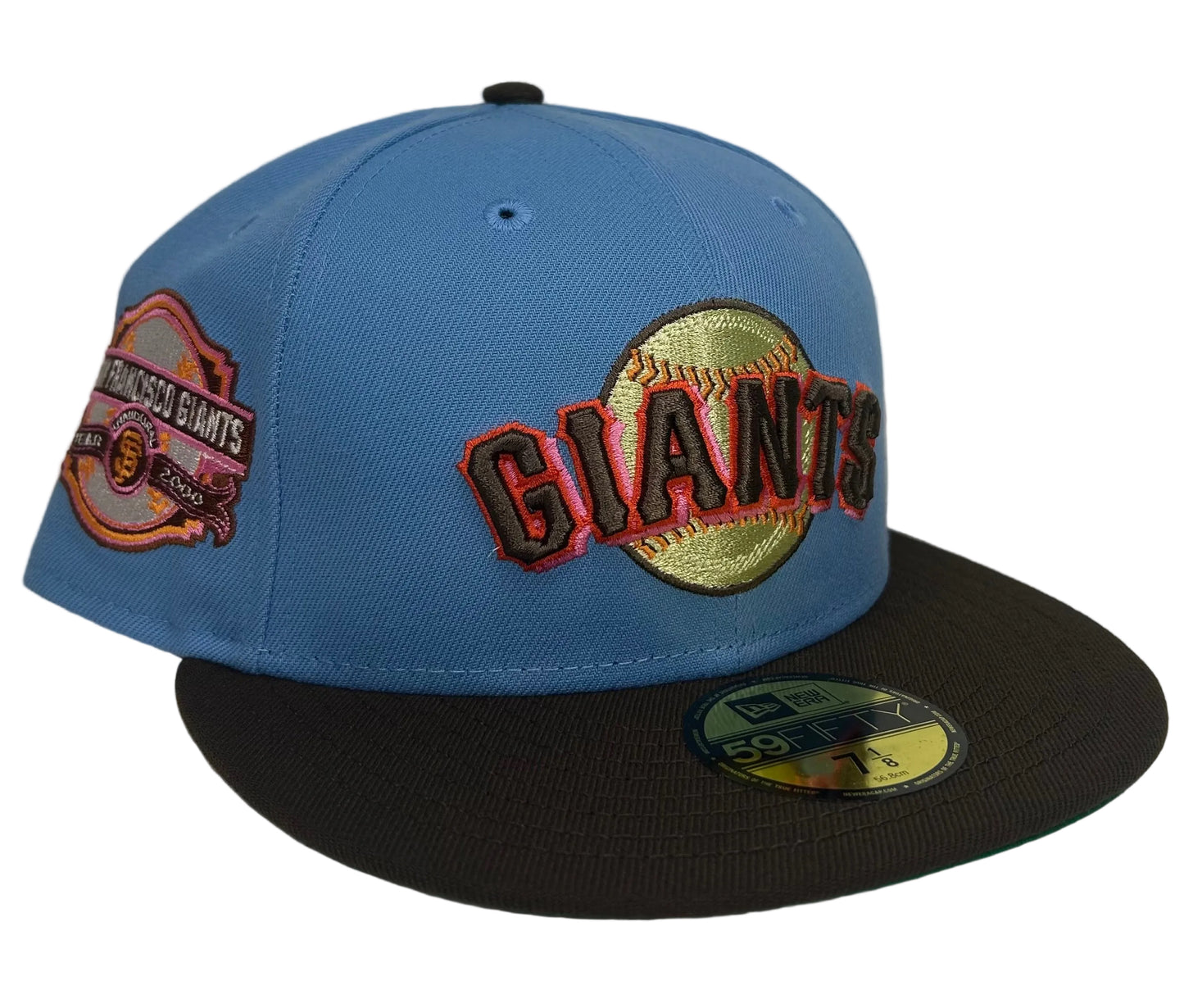New Era 59FIFTY San Francisco Giants 2000 Inaugural Season fitted hat with a sky blue crown, brown visor.
