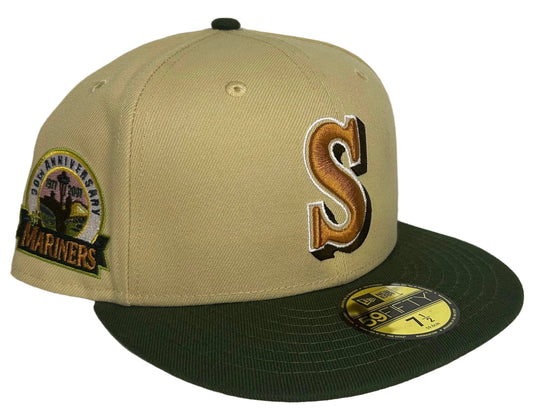 New Era Seattle Mariners "Vegas Strip" 59FIFTY fitted hat features a camel-colored crown, dark green visor, and a 30th Anniversary side patch.