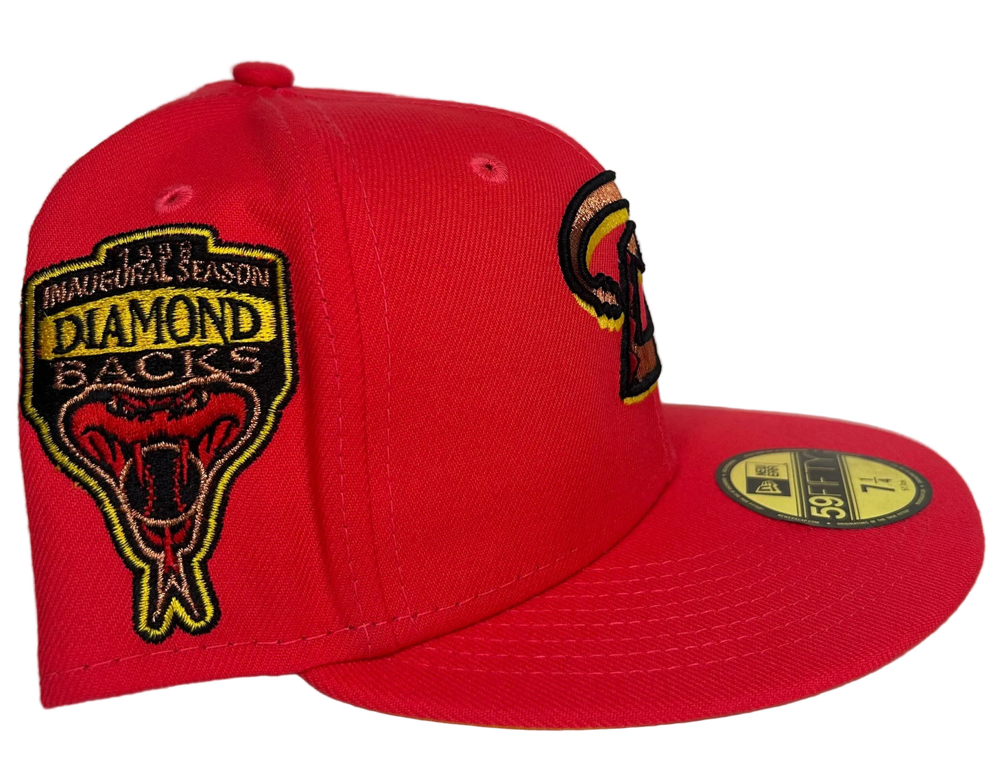 Arizona Diamondbacks New Era 59FIFTY fitted hat features a red crown and a 1998 Inaugural Season side patch.