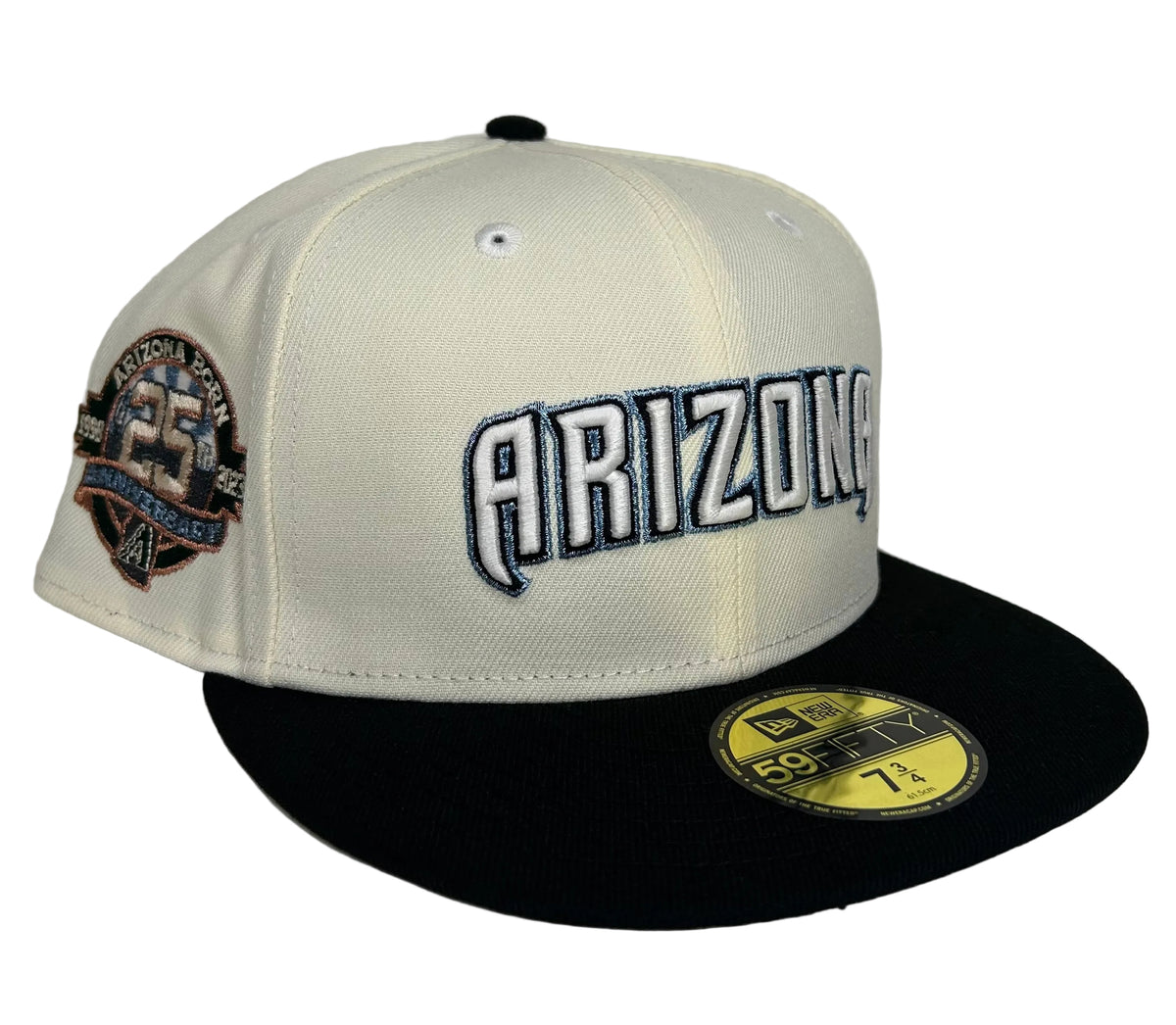 New Era 59FIFTY fitted hat features an Arizona Diamondbacks 25th Anniversary "script" logo on an off-white crown with a black visor.
