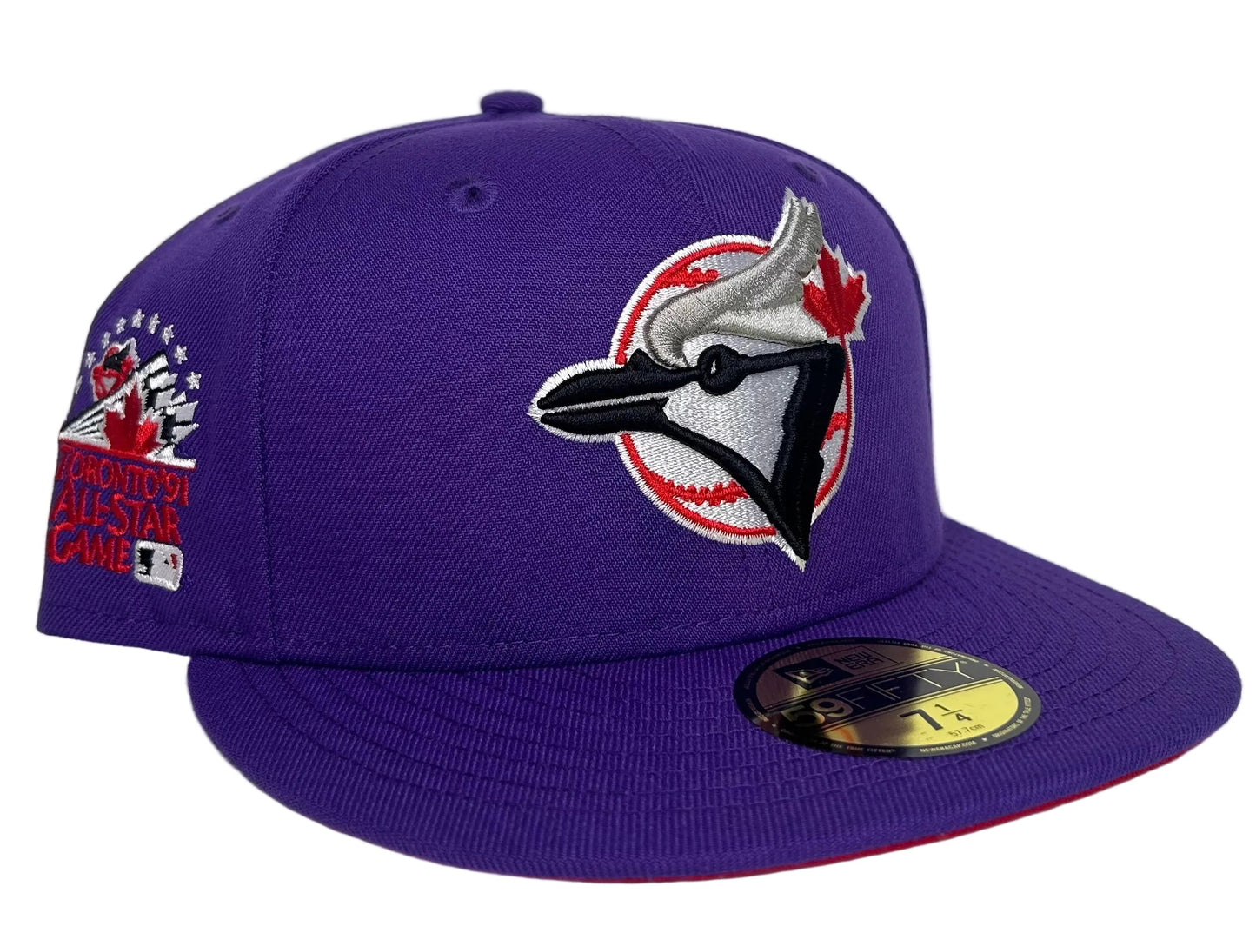 New Era 59Fifty Toronto Blue Jays fitted hat features a distinct purple crown and a red under-visor, accented by a 1991 All-Star Game side patch.