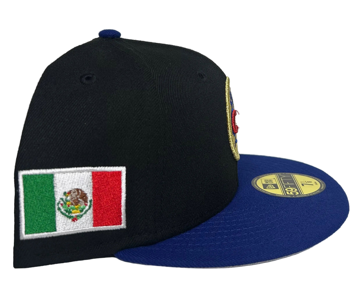 New Era Club America 59Fifty fitted hat features a black crown with a prominent embroidered team logo and a bright blue visor.