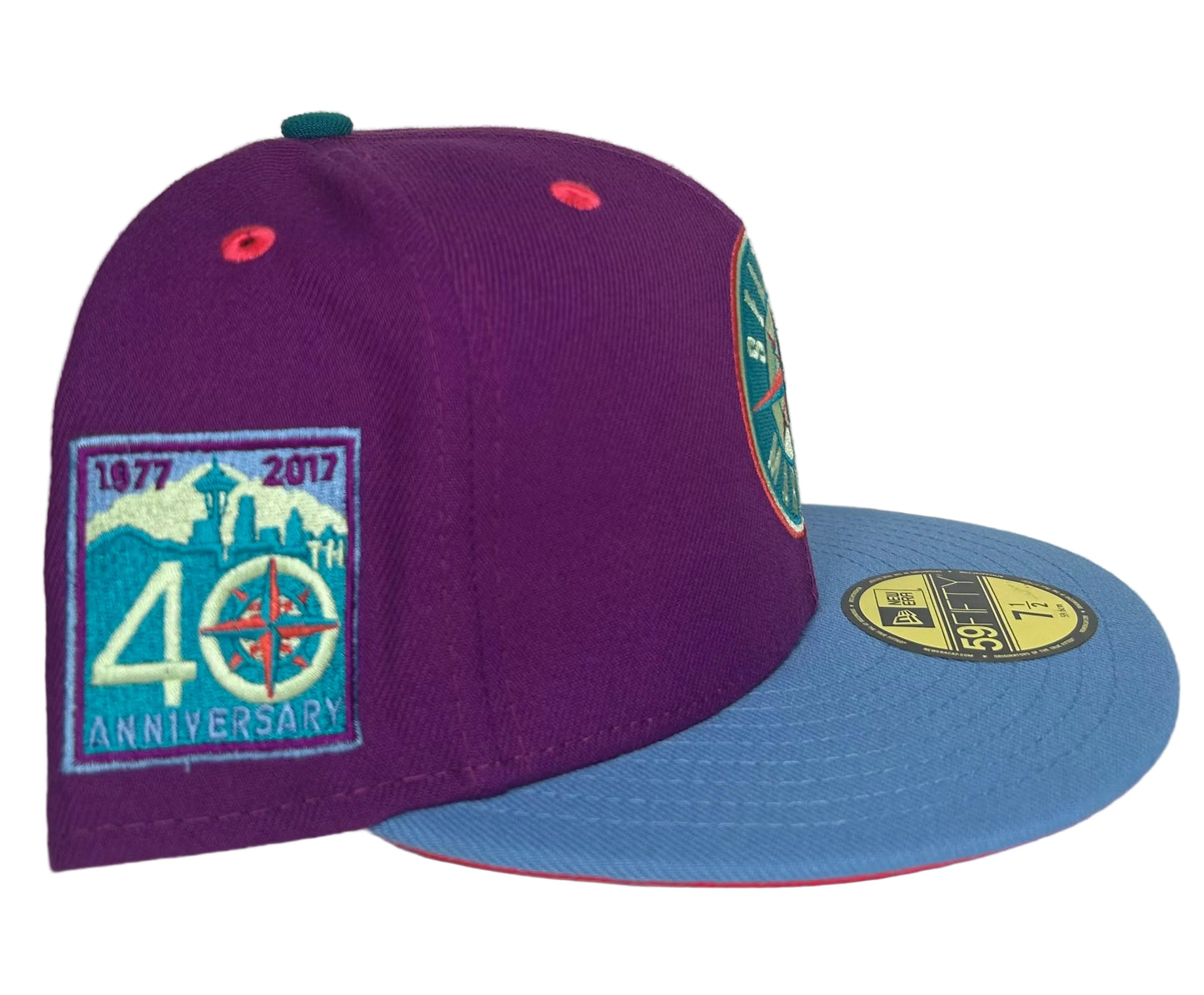 New Era 59Fifty Seattle Mariners 40th Anniversary Purple Main Stage hat featuring a purple crown and light blue brim.