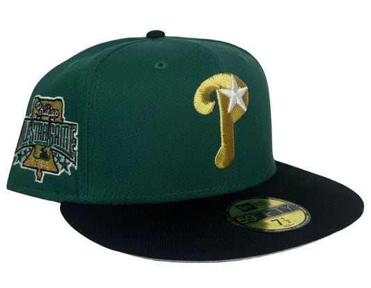 Dark Green Philadelphia Phillies New Era 59FIFTY fitted hat featuring a black visor and a 1996 All Star Game side patch.