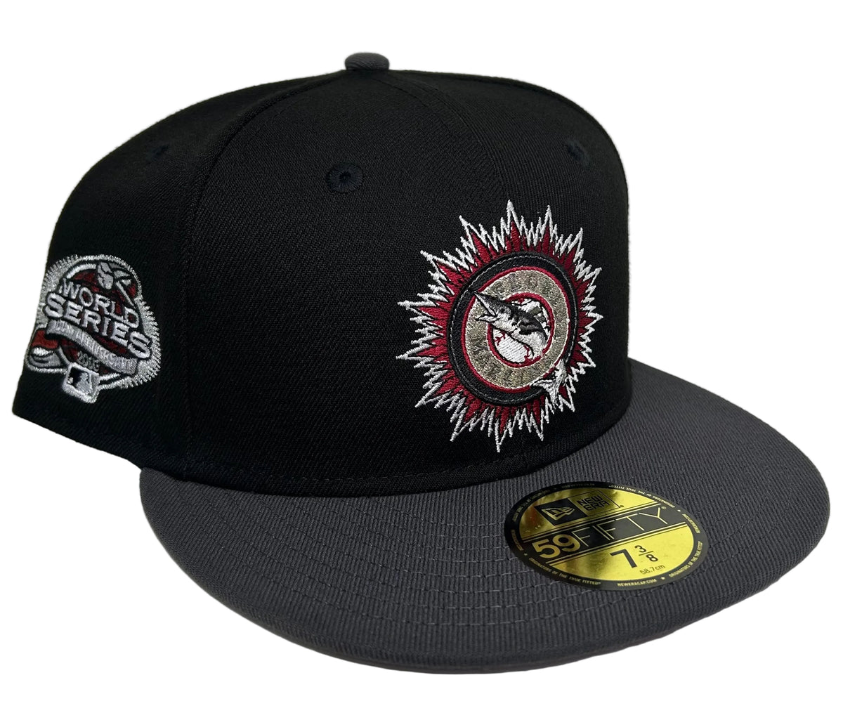 New Era 59FIFTY Florida Marlins "Jeepers Creepers" Horror Pack fitted hat in black, gray, and red with a World Series side patch.