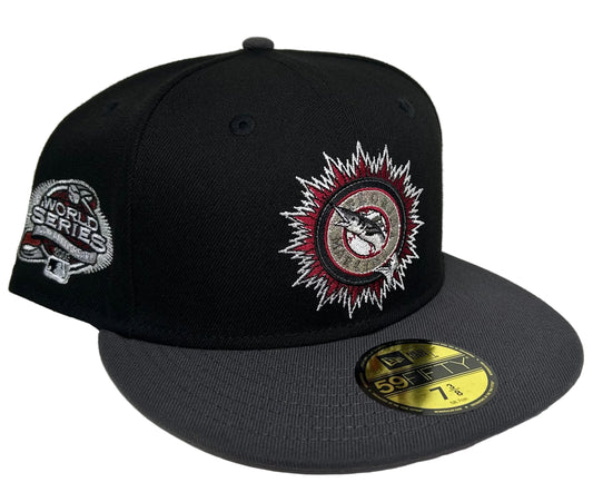 New Era 59FIFTY Florida Marlins "Jeepers Creepers" Horror Pack fitted hat in black, gray, and red with a World Series side patch.