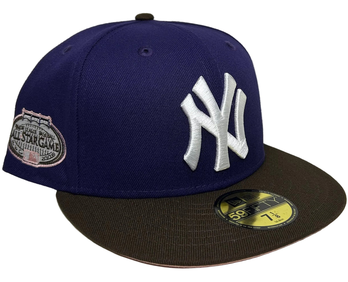New Era 59FIFTY New York Yankees fitted hat featuring a purple crown, brown brim, and a 2008 MLB All-Star Game commemorative side patch.