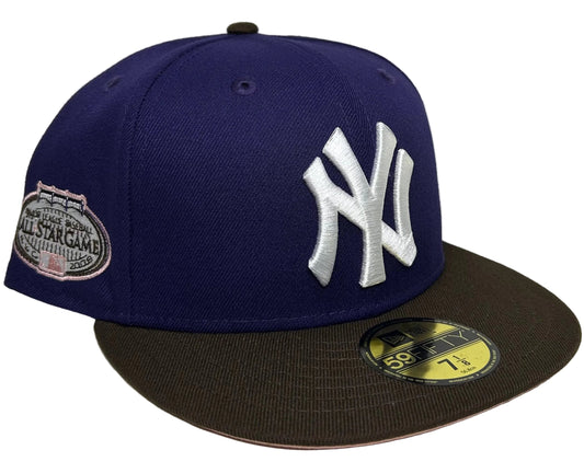 New Era 59FIFTY New York Yankees fitted hat featuring a purple crown, brown brim, and a 2008 MLB All-Star Game commemorative side patch.