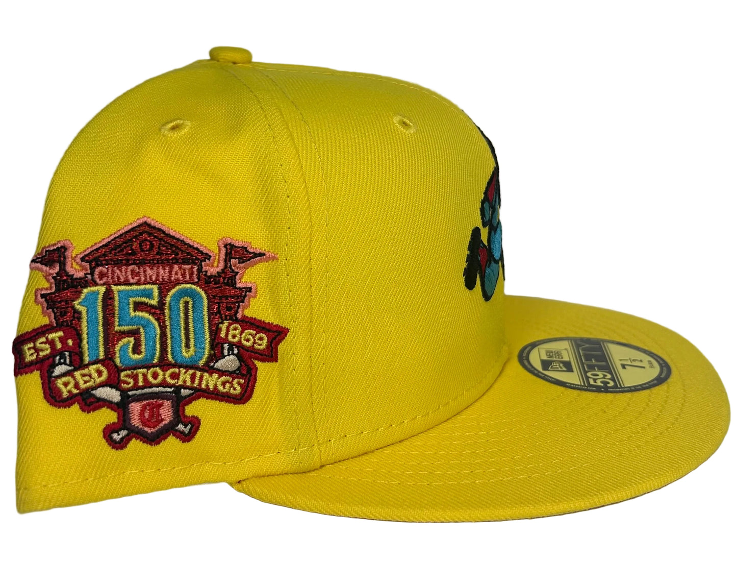 New Era Cincinnati Reds 150th Anniversary "Wendy's" fitted hat in yellow with a unique "Mr. Red" mascot logo and a commemorative patch.
