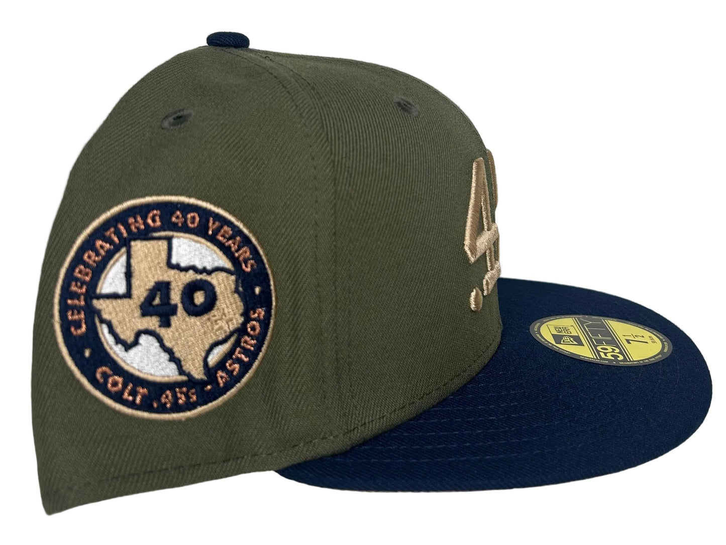 New Era 59FIFTY fitted hat features an embroidered "45's" logo in metallic gold on an olive green crown with a navy blue visor.