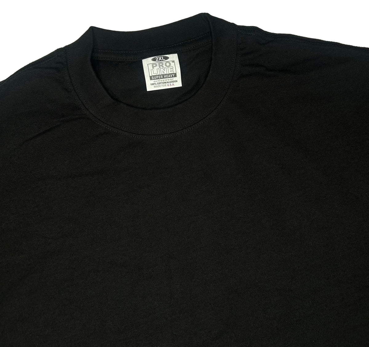 Black Pro Line Super Heavy T-shirt is made in the USA from 100% cotton.