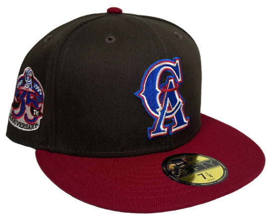 New Era 59Fifty California Angels fitted hat features a brown crown, red brim, and a 35th Anniversary patch.