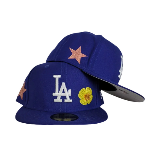 LOS ANGELES DODGERS ICED OUT SIDE PATCH FLOWER STAR GRAY BOTTOM CRYSTAL ICONS 59FIFTY FITTED CAP