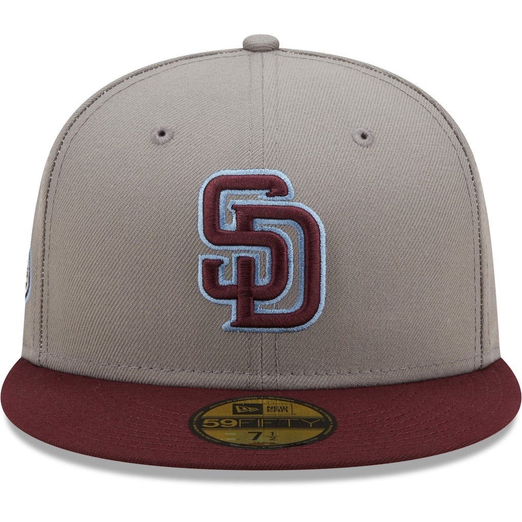 San Diego Padres New Era 59FIFTY Fitted Hat Black Crown Tan Visor Tan/White Logo 50th Anniversary Side Patch Gray UV.