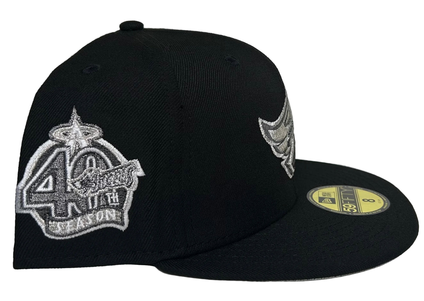 Los Angeles Angels New Era 59Fifty fitted hat featuring a silver embroidered halo "A" logo on the front and a 40th Season anniversary side patch on the right.