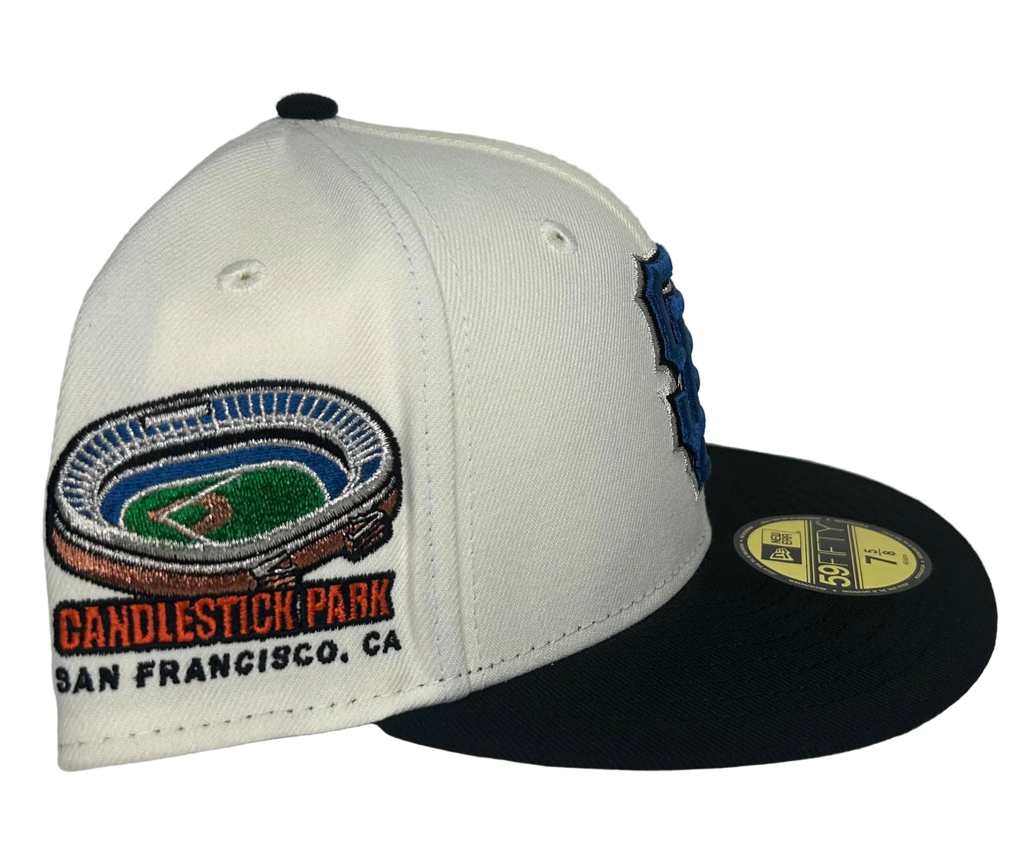 New Era San Francisco Giants 59FIFTY fitted hat features a white crown, black visor, and a special embroidered side patch of Candlestick Park.