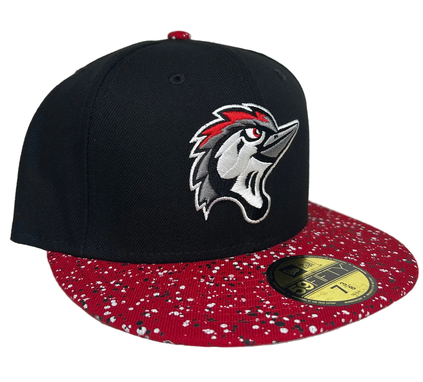New Era Fayetteville Woodpeckers 59FIFTY fitted hat features a black crown and a distinct red speckled brim.