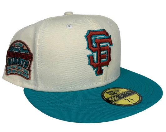 New Era 59FIFTY San Francisco Giants "South Beach" fitted hat featuring a teal visor and custom side patch.