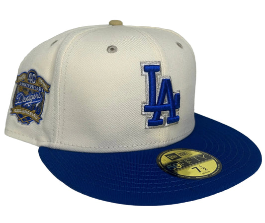 New Era 59Fifty Los Angeles Dodgers cap features a cream-colored crown with a royal blue visor.