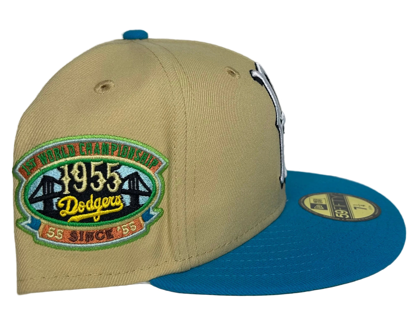 New Era Brooklyn Dodgers 59FIFTY fitted hat, featuring a Vegas Gold crown, Royal Blue visor, and a special Jackie Robinson anniversary side patch.
