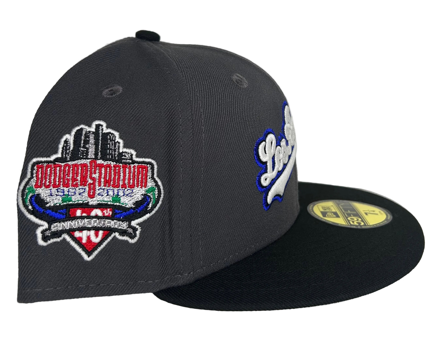 New Era Los Angeles Dodgers 59FIFTY fitted hat features a black crown and a prominent blue and white script logo.