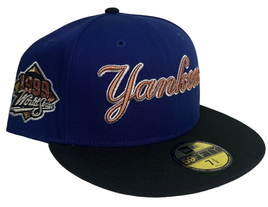 New Era 59FIFTY fitted hat for the New York Yankees features a royal blue crown, a black visor, and a commemorative 1999 World Series side patch.