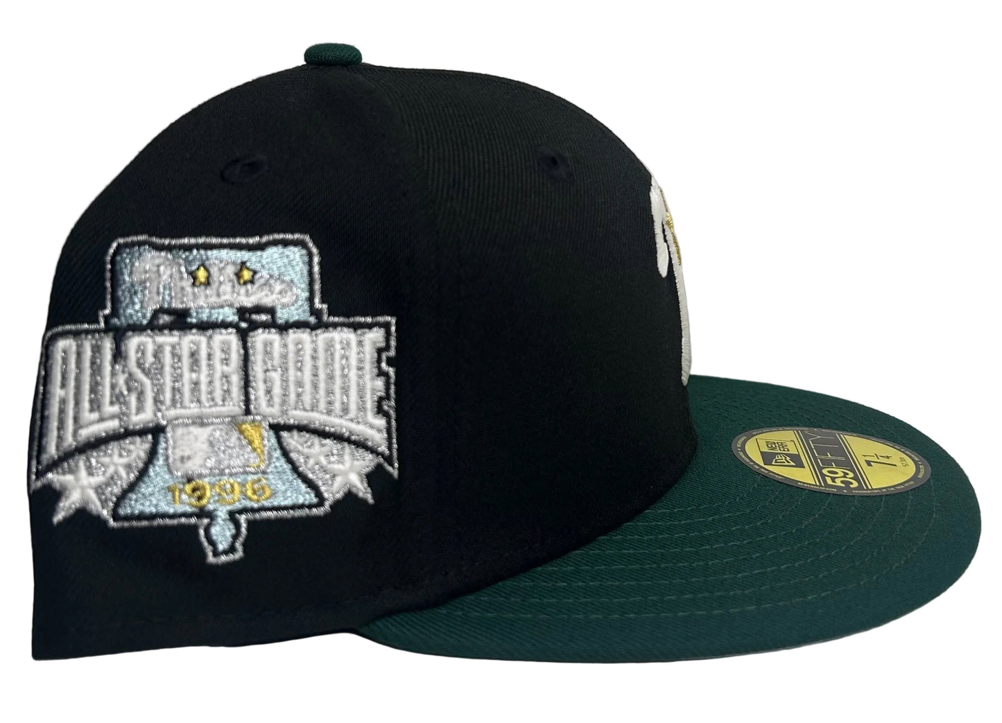 New Era Philadelphia Phillies 59FIFTY fitted hat features a black crown with a dark green visor and a commemorative 1996 All-Star Game side patch.