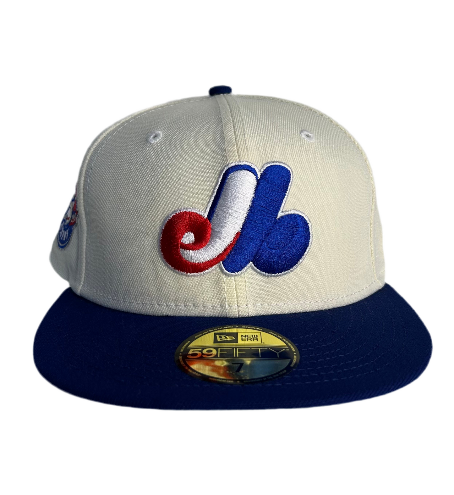 New Era 59FIFTY Montreal Expos fitted hat with a white crown, royal blue visor, and a 1993 side patch.