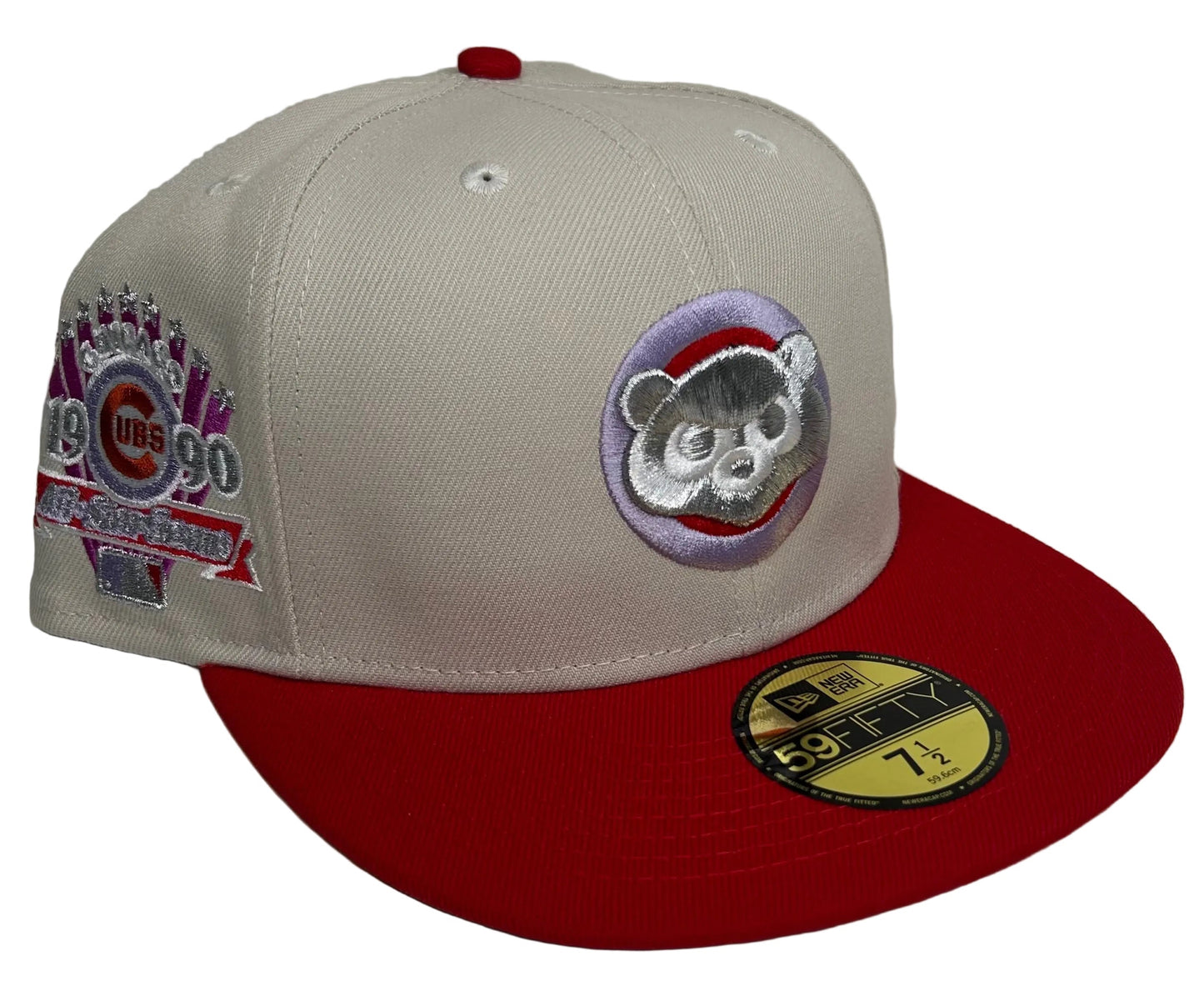 Chicago Cubs New Era 59FIFTY fitted hat By: Vav Fitteds “Gohan 2.0” featuring a contrasting red brim and a 1990 All-Star Game side patch.
