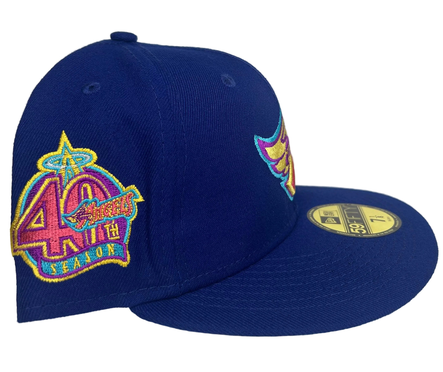 New Era Los Angeles Angels 59FIFTY fitted hat in royal blue with a yellow and pink logo.