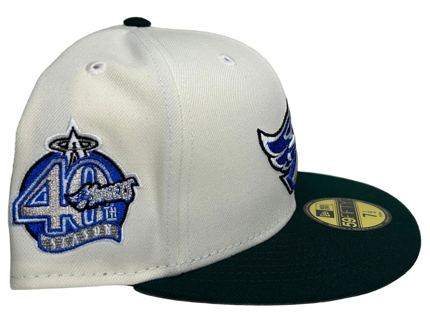 New Era Anaheim Angels W/ a 40th anniversary Patch 59FIFTY fitted hat featuring an off-white crown, a dark green brim, and a custom winged "A" logo.