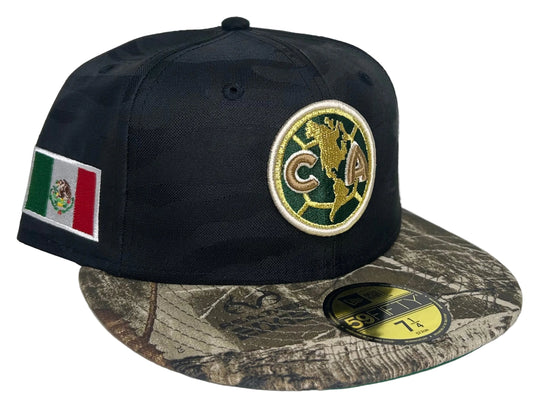 New Era 59Fifty Club America fitted hat features a black crown, Realtree camo brim, and a Mexico flag patch on the side.