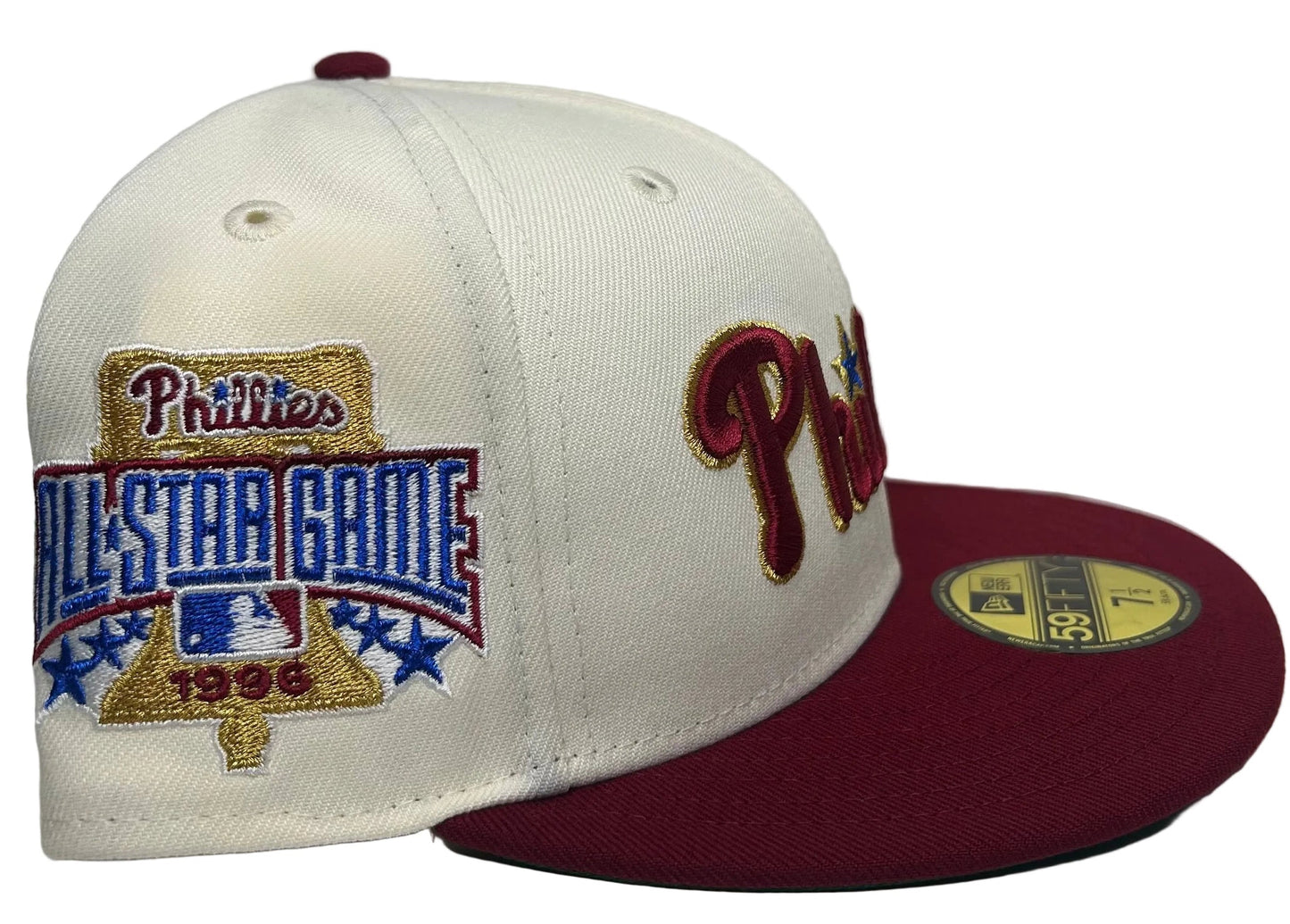 New Era Philadelphia Phillies 1996 All-Star Game 59Fifty Fitted Hat featuring a two-tone design with a white crown and a maroon brim.