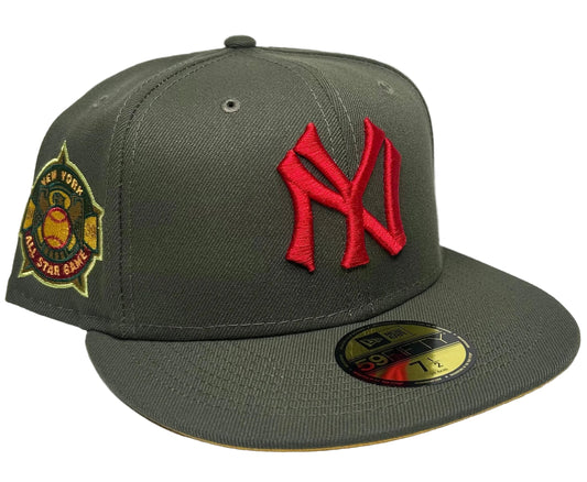 New Era New York Yankees 59FIFTY fitted hat features an olive green crown and a distinctive red "NY" logo.