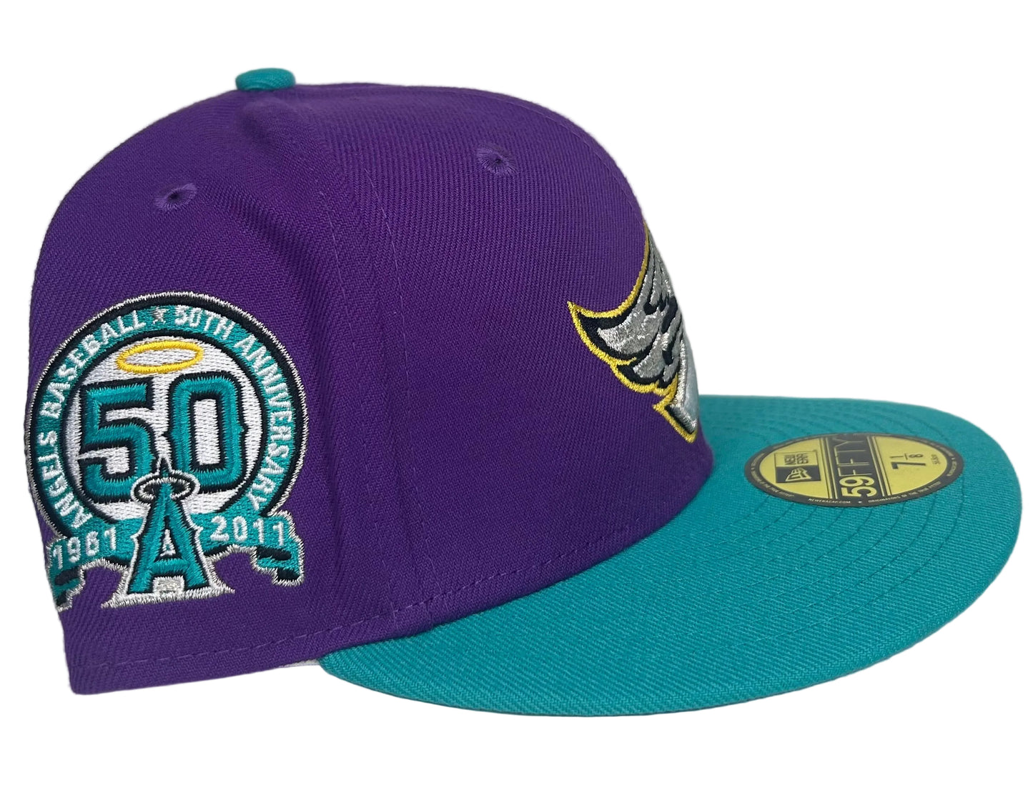 New Era 59Fifty Los Angeles Angels fitted hat in a purple and teal colorway featuring a 50th Anniversary side patch.