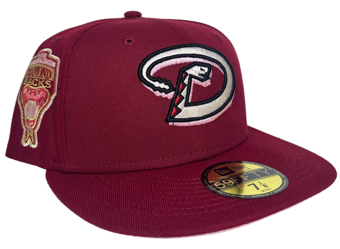 New Era Arizona Diamondbacks 59FIFTY fitted hat features a maroon crown and a prominent inaugural season side patch.