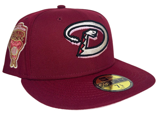 New Era Arizona Diamondbacks 59FIFTY fitted hat features a maroon crown and a prominent inaugural season side patch.