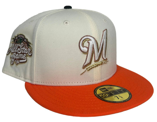 New Era Milwaukee Brewers 2002 All-Star Game 59Fifty fitted hat featuring a cream crown and a vibrant orange visor.
