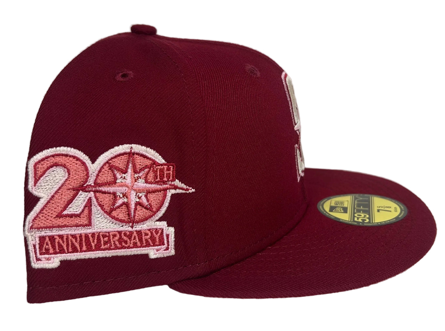 New Era Seattle Mariners Red Velvet 59Fifty Fitted Hat, likely a HC exclusive with a 20th Anniversary side patch