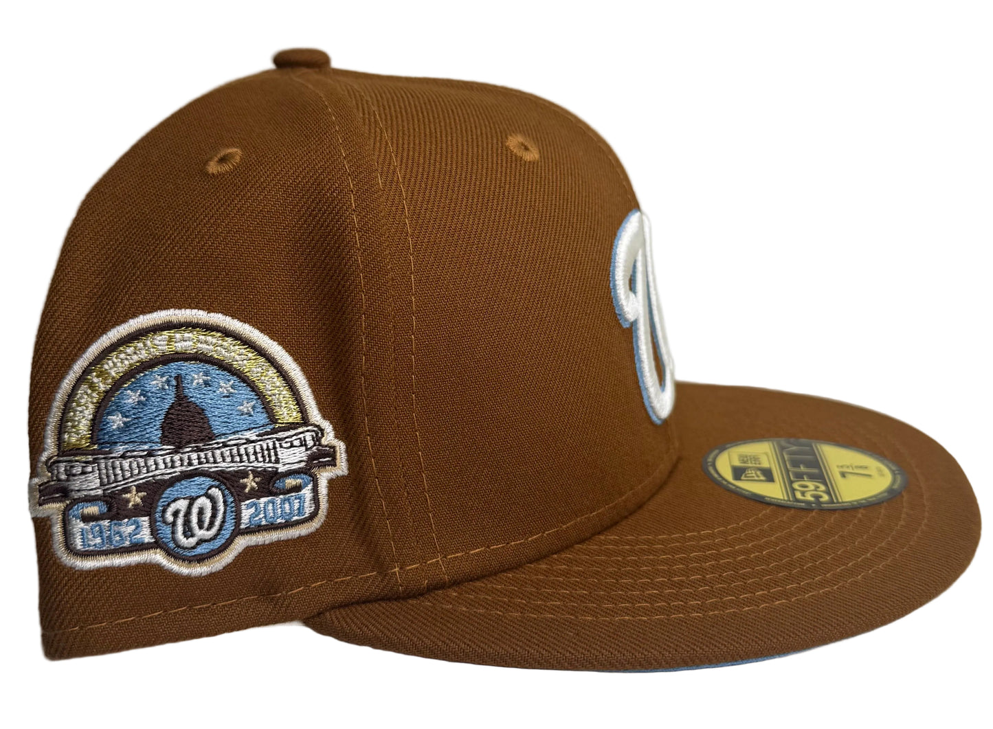 New Era 59Fifty Toast Washington Nationals Icy Blue Bottom 35th Anniversary Side Patch Fitted Hat featuring a distinctive brown crown and a light blue under visor.