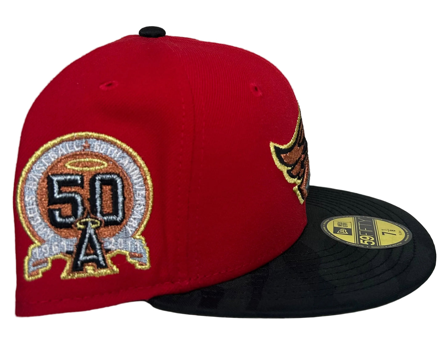 New Era 59FIFTY fitted hat for the Los Angeles Angels featuring a black tonal camo visor and a 50th-anniversary side patch.