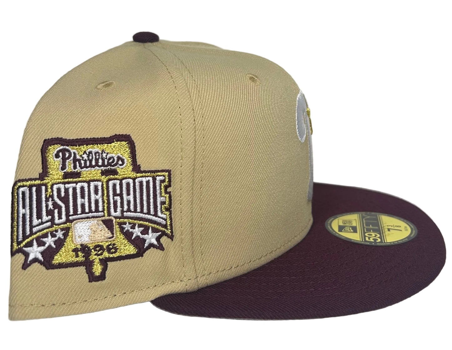 New Era Philadelphia Phillies 1996 All-Star Game 59Fifty fitted hat featuring a khaki crown, maroon visor, and gold accents.