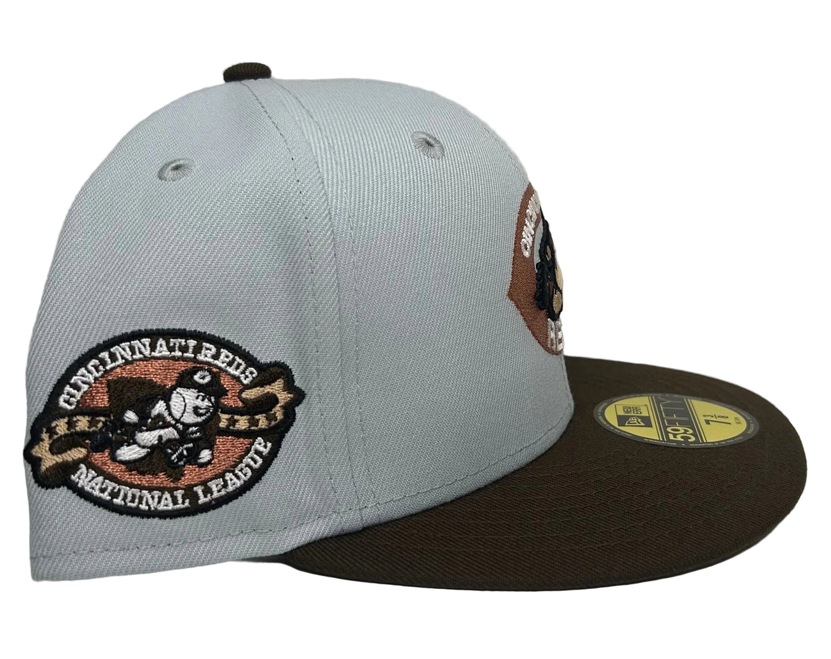 New Era 59FIFTY Cincinnati Reds grey and brown fitted hat featuring a vintage Mr. Redlegs side patch and a contrasting brown visor.