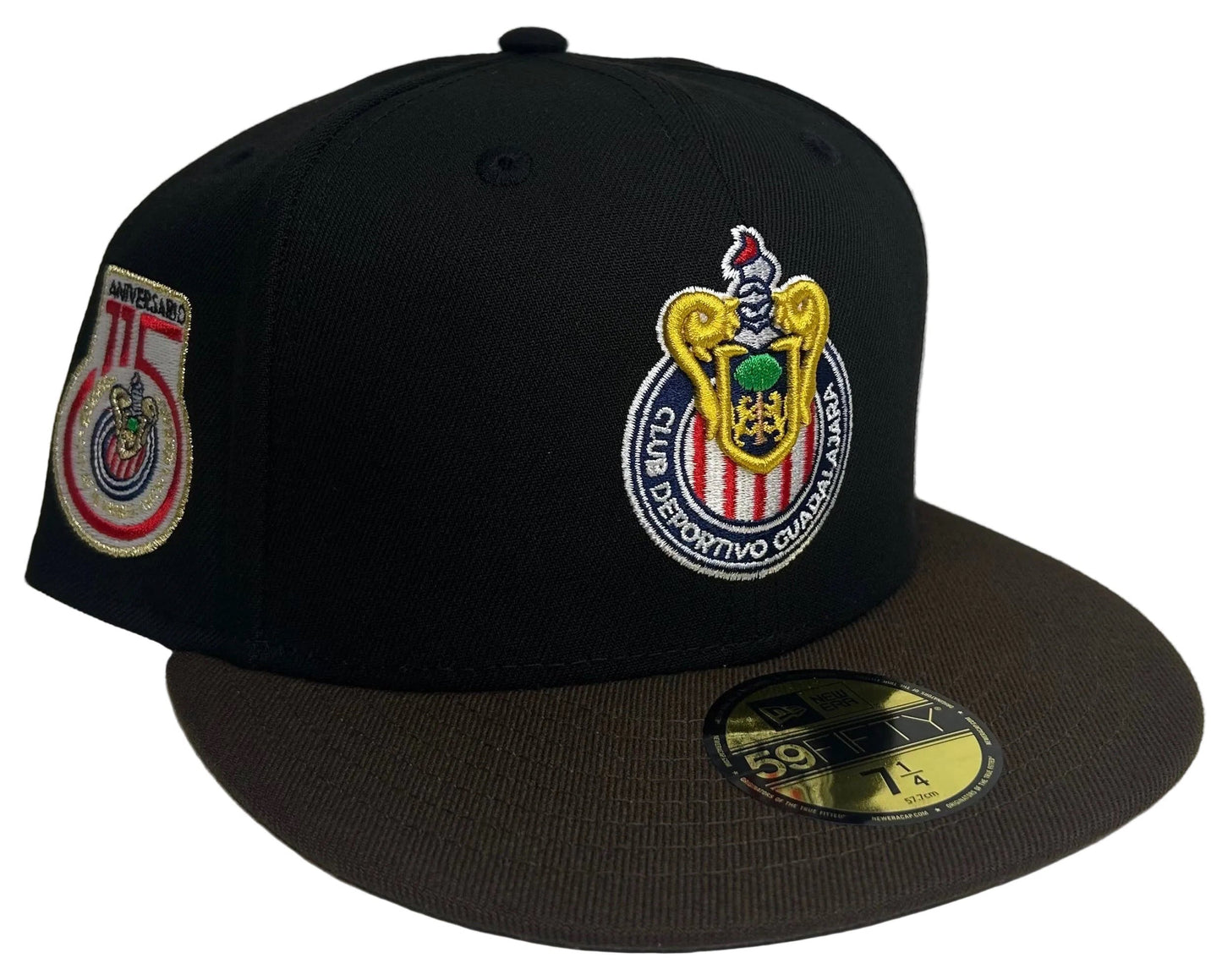 New Era Chivas de Guadalajara Liga Mexico 115th Anniversary Patch 59FIFTY fitted cap featuring a black crown and a brown visor.