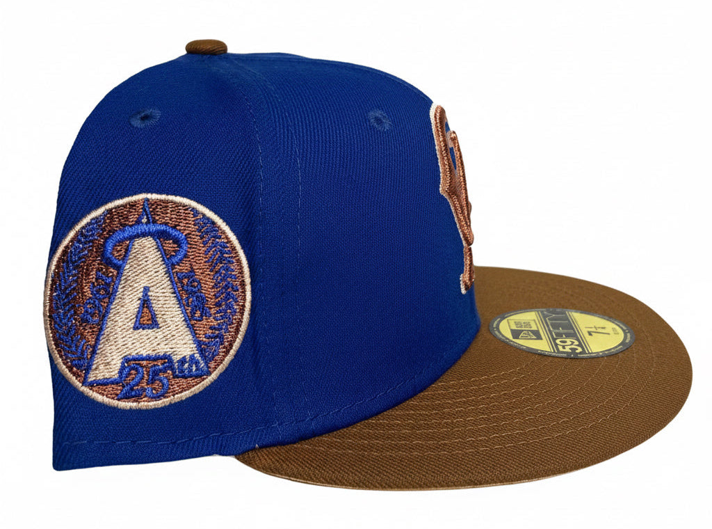 New Era California Angels 59FIFTY fitted hat in a royal blue and brown colorway. 