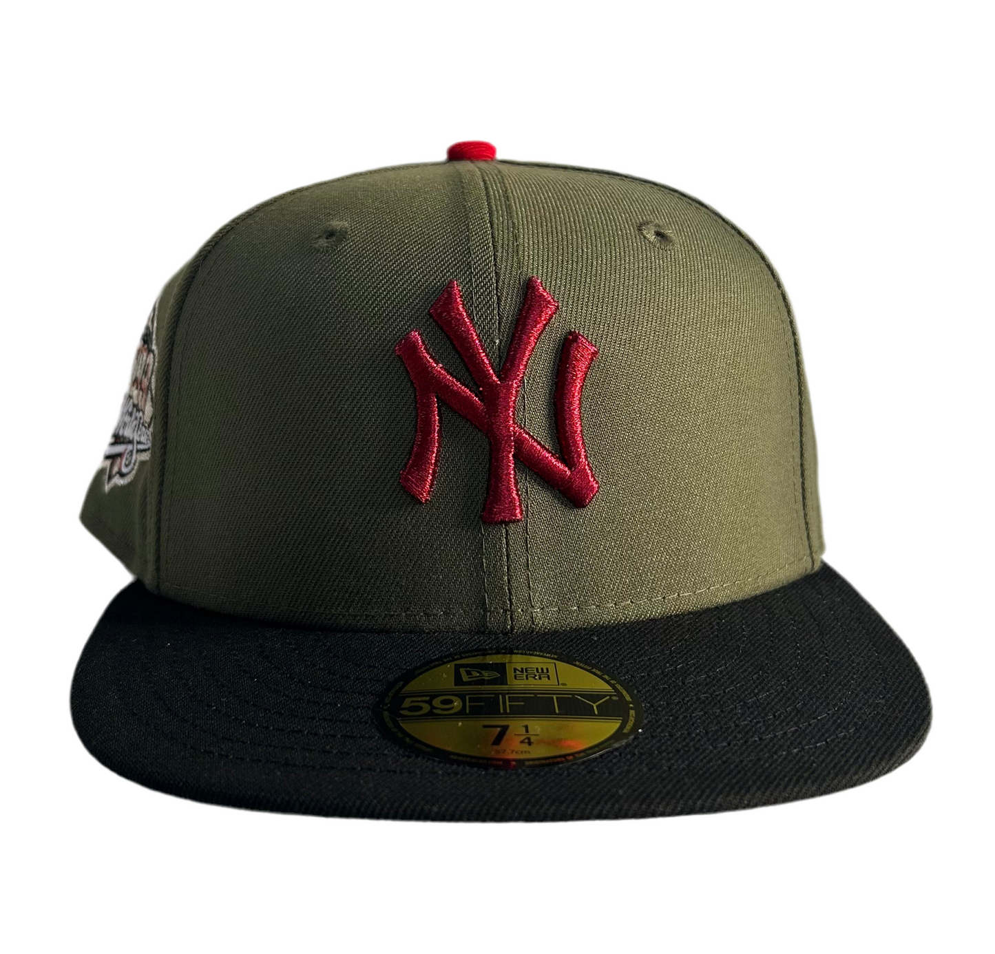 New York Yankees New Era 1999 World Series Olive 59FIFTY fitted hat with a black brim and Gray UV.