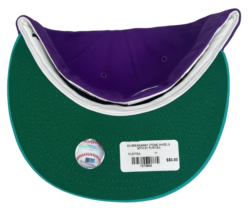 New Era 59Fifty Los Angeles Angels fitted hat in a purple and teal colorway featuring a 50th Anniversary side patch.
